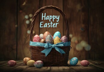 An exquisite Easter basket filled to the brim with beautifully painted eggs, placed amidst a natural setting, highlighting the joy and beauty of springtime celebrations.