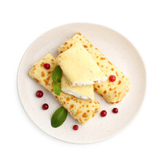 Delicious rolled crepes with cottage cheese, raisins, cranberries and mint isolated on white, top view