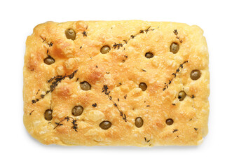 Delicious focaccia bread with olives and thyme isolated on white, top view