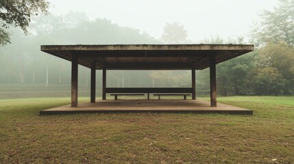 Obraz premium Foggy park shelter with benches, tranquil scene, outdoor seating, possible use for tourism brochures