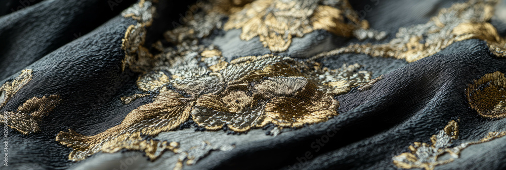 Poster embroidered textile showcasing metallic threads with a harmonious shimmering effect