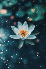 A vibrant white lotus flower floating gracefully on a tranquil lake, with droplets of water on its petals and a soft, blurred background of lush greenery, Generative AI