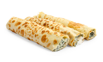 Tasty rolled crepes with cottage cheese and spinach isolated on white