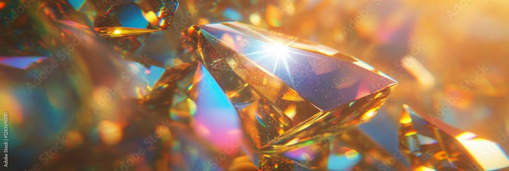Poster bright prismatic sparkle of faceted bokeh shapes with reflections in vibrant colors