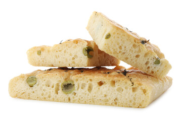 Pieces of delicious focaccia bread with olives and thyme isolated on white