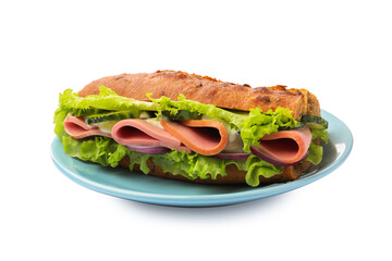 Baguette sandwich with ham isolated on white
