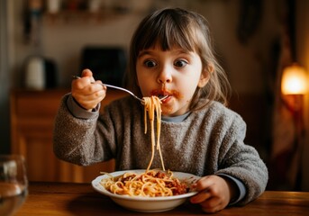 Little girl enjoying a plate of spaghetti with a delighted expression