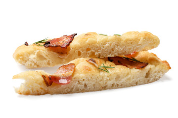 Slices of delicious focaccia bread with bacon and rosemary isolated on white