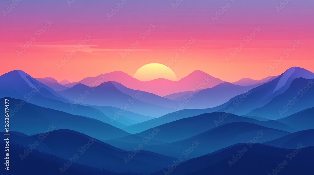 Poster vibrant sunset over rolling mountains creates a serene atmosphere for viewers at dusk. generative ai