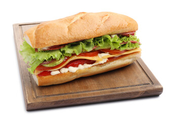 Delicious baguette sandwich with salami and cheese isolated on white