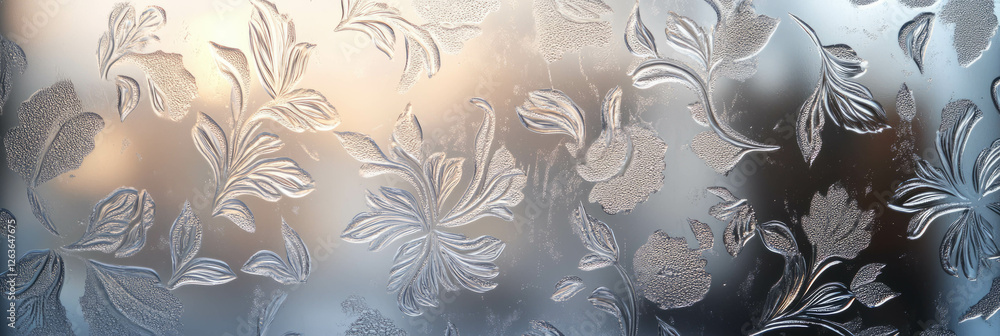 Poster frosted glass texture with intricate floral patterns illuminated by soft light