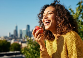 Fototapeta premium Happy woman enjoying a fresh apple with a city skyline in the background