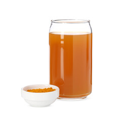 Aromatic turmeric tea in glass and powder isolated on white