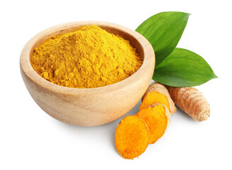 Turmeric powder in bowl, roots and green leaves isolated on white
