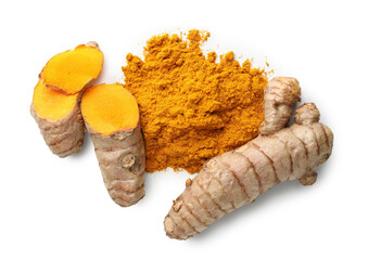 Pile of turmeric powder and roots isolated on white, top view
