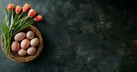 A rustic basket filled with a variety of decorated Easter eggs, arranged alongside fresh tulips, symbolizing springtime celebration and seasonal beauty in a charming setting.