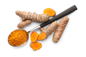Turmeric powder in spoon and roots isolated on white, top view