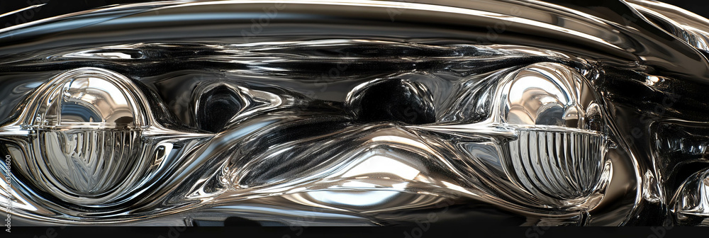 Aufkleber glossy plastic texture with chrome details reflecting sharp light in a dynamic arrangement