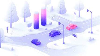 Winter city road traffic isometric illustration, snowy landscape background, smart city technology