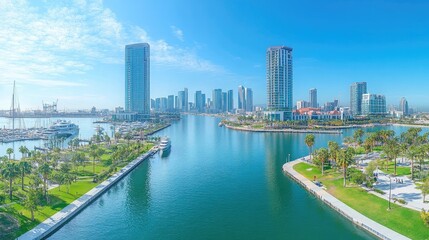 Obraz premium City view of downtown skyscrapers, harbor area, daytime. Concept of data protection regulation and privacy for individuals