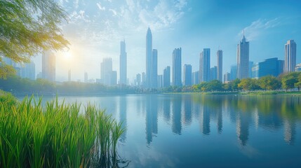 Obraz premium City view of Downtown skyscrapers skyline over lake area, day time. Data protection regulation and privacy for individuals