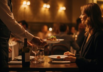 Elegant dining experience with a woman enjoying a gourmet meal served by a waiter