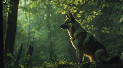 German Shepherd Alertly Standing in a Forest