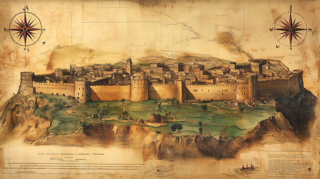 Mapa antiguo ilustrado de una fortaleza amurallada