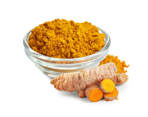Turmeric powder in bowl and fresh root isolated on white