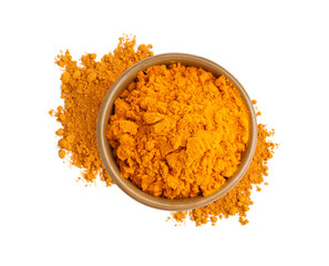 Turmeric powder isolated on white, top view. Aromatic spice