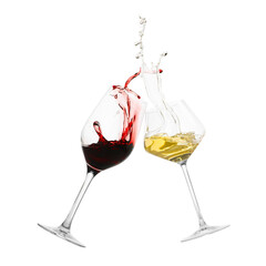 Glasses of splashing wine isolated on white