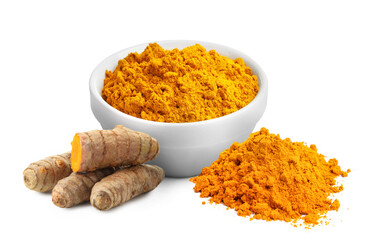 Turmeric powder and fresh root isolated on white