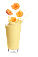 Apricot milkshake and fresh fruits on white background