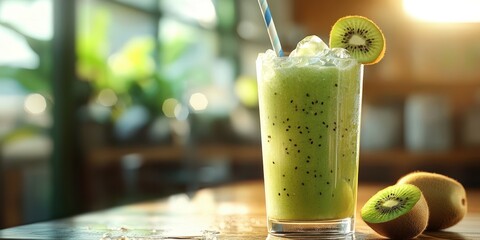 Refreshing kiwi smoothie served in a tall glass on a wooden table with fresh kiwis beside it
