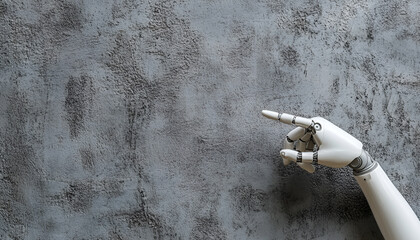 Artificial intelligence. Robot hand pointing at something on a gray background, space for text
