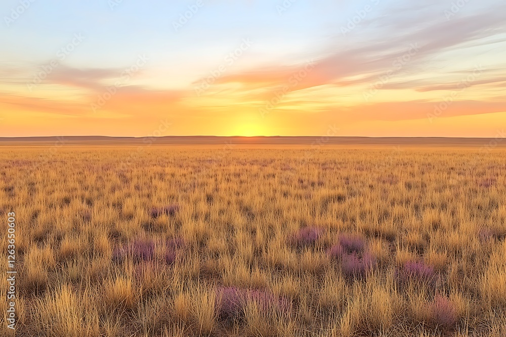 Canvas Prints Sunrise over golden prairie with wildflowers