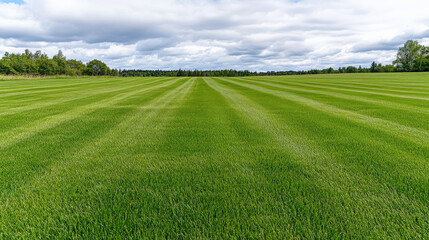 Fototapeta premium Lush Green Lawn Under Dramatic Cloudy Sky with Stripes Creating a Serene and Inviting Outdoor Landscape for Nature Enthusiasts and Garden Lovers