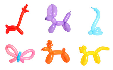 Different figures made of modelling balloons on white background, set