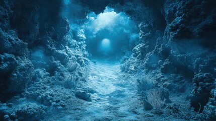 Frozen cave tunnel, ethereal light, mysterious path, background use