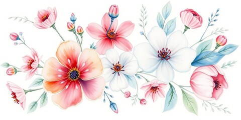 Delicate flowers bloom in a watercolor composition, showcasing soft pastel hues and graceful petals. Perfect for greeting cards and seasonal decorations
