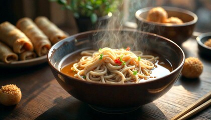Steaming Bowl of Noodles with Vegetables on Wooden Table