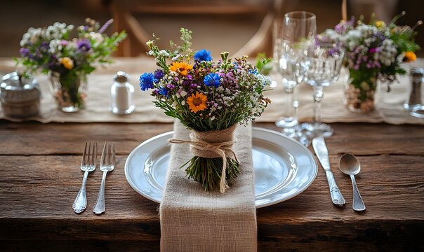Rustic Table Setting with Flower Bouquet and Vintage Silverware for Celebratory Feast