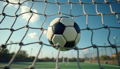 Soccer ball stuck in goal net on a sunny outdoor field.