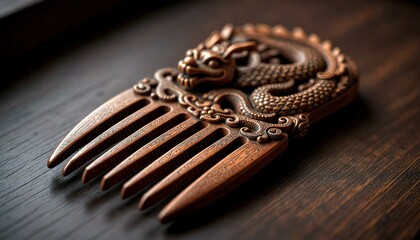 Close-Up Wooden Comb Dragon Motif