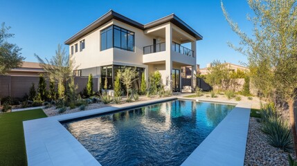 Fototapeta premium A modern two-story home with sleek architectural lines, a stylish pool