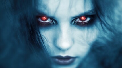 An angry woman's face with black hair and glowing red eyes, she stands in the darkness with her gaze making her uneasy, with the background blurred by movement