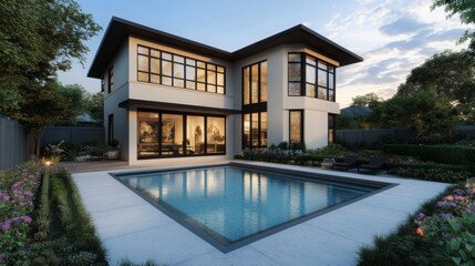 Fototapeta premium A modern two-story house with large windows and a minimalist pool