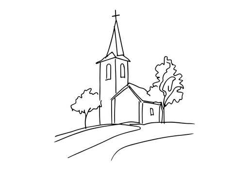 church building with steeple in one line drawing style