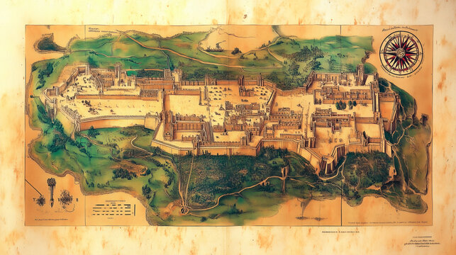 Mapa antiguo ilustrado de una fortaleza amurallada