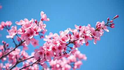  Vibrant pink cherry blossoms in full bloom against a clear, bright blue sky on a sunny day.